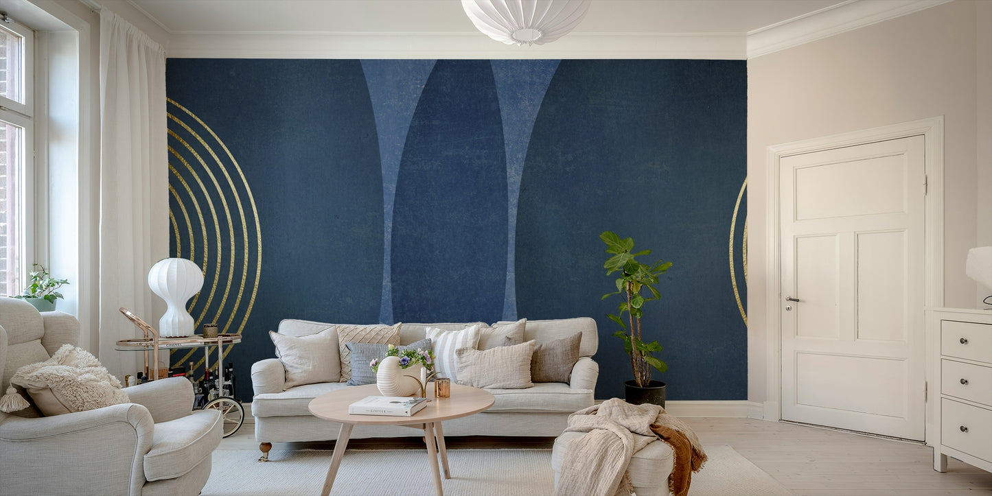 Mid Century Modern Blue wallpaper mural in a living room with cream sofas, a round table and bar cart