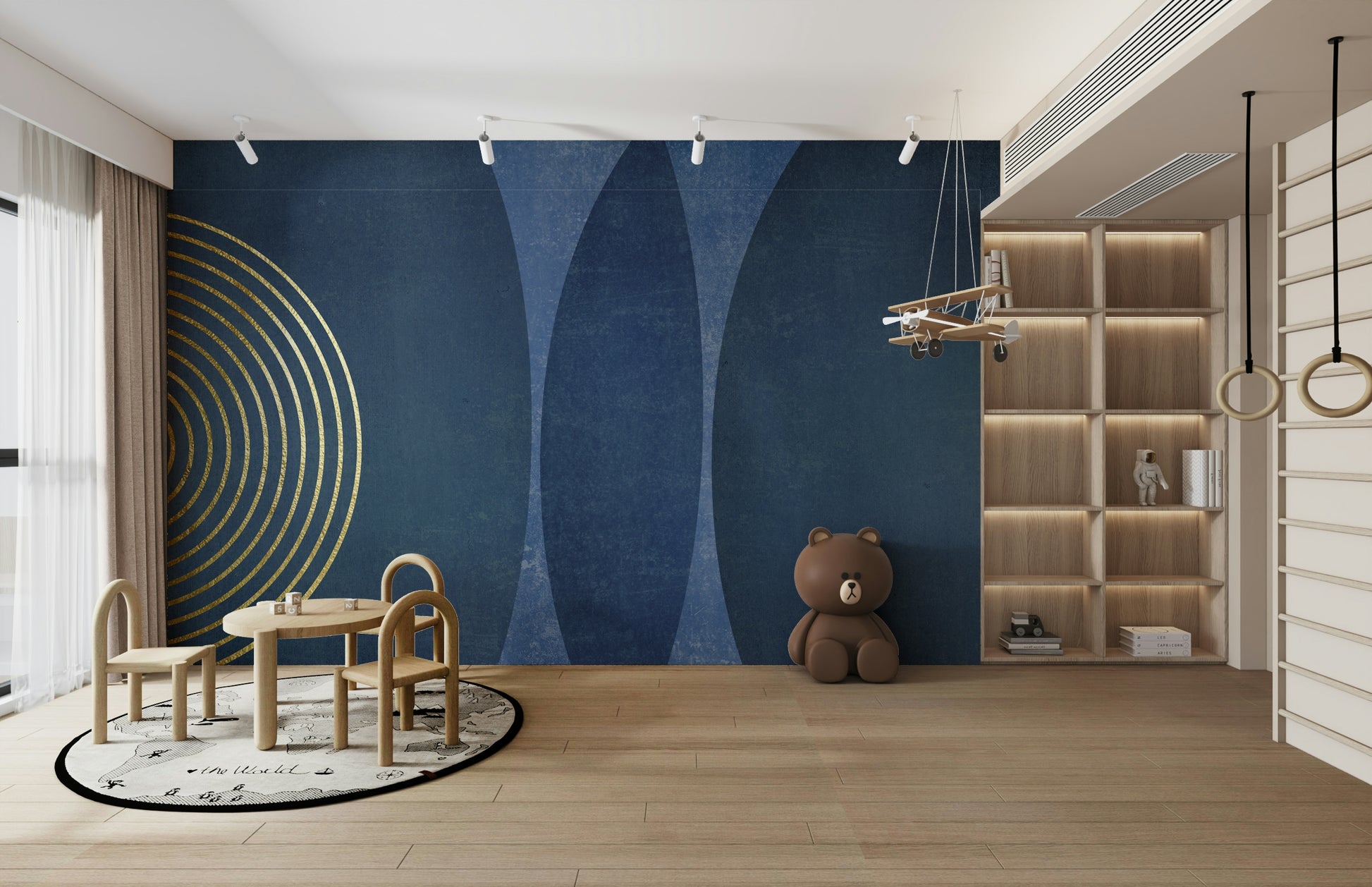 Mid Century Modern Blue wallpaper mural in a kids playroom with a child's table, teddy bear and toy plane