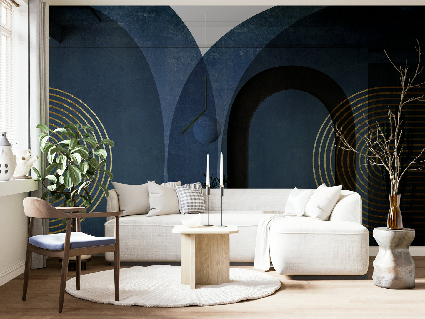 Mid Century Modern Blue wallpaper mural in a living room with a white sofa and wooden accent chair