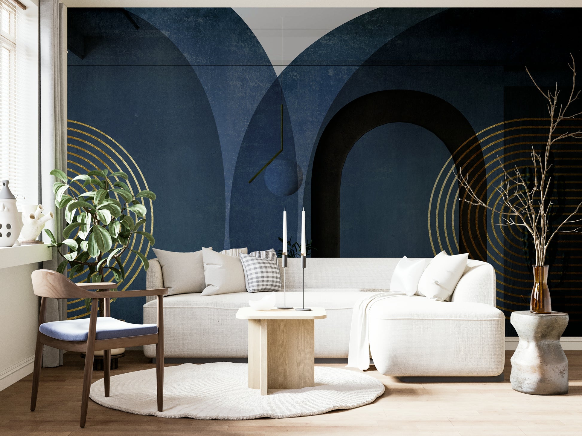 Mid Century Modern Blue wallpaper mural in a living room with a white sofa and wooden accent chair