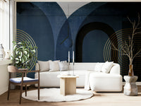 Mid Century Modern Blue wallpaper mural in a living room with a white sofa and wooden accent chair