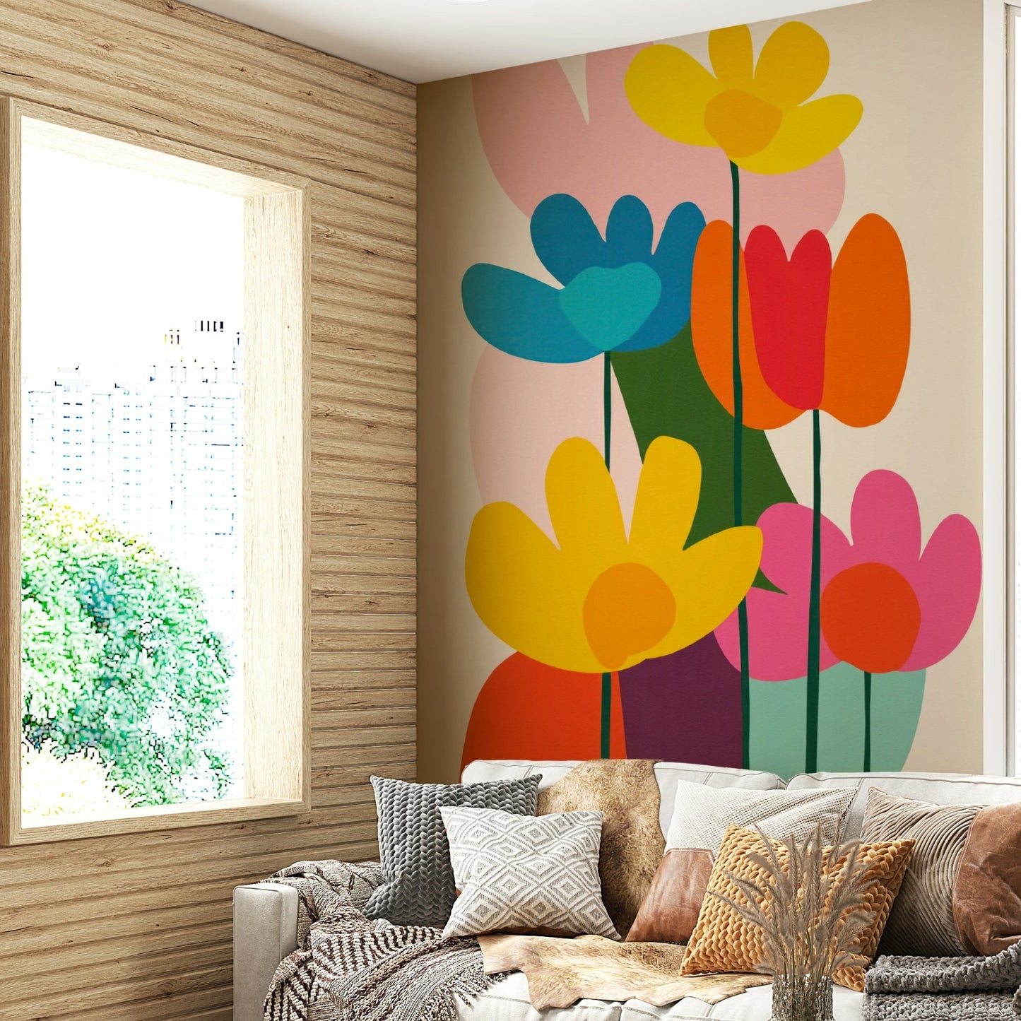 Living room with modernist floral feature wall

