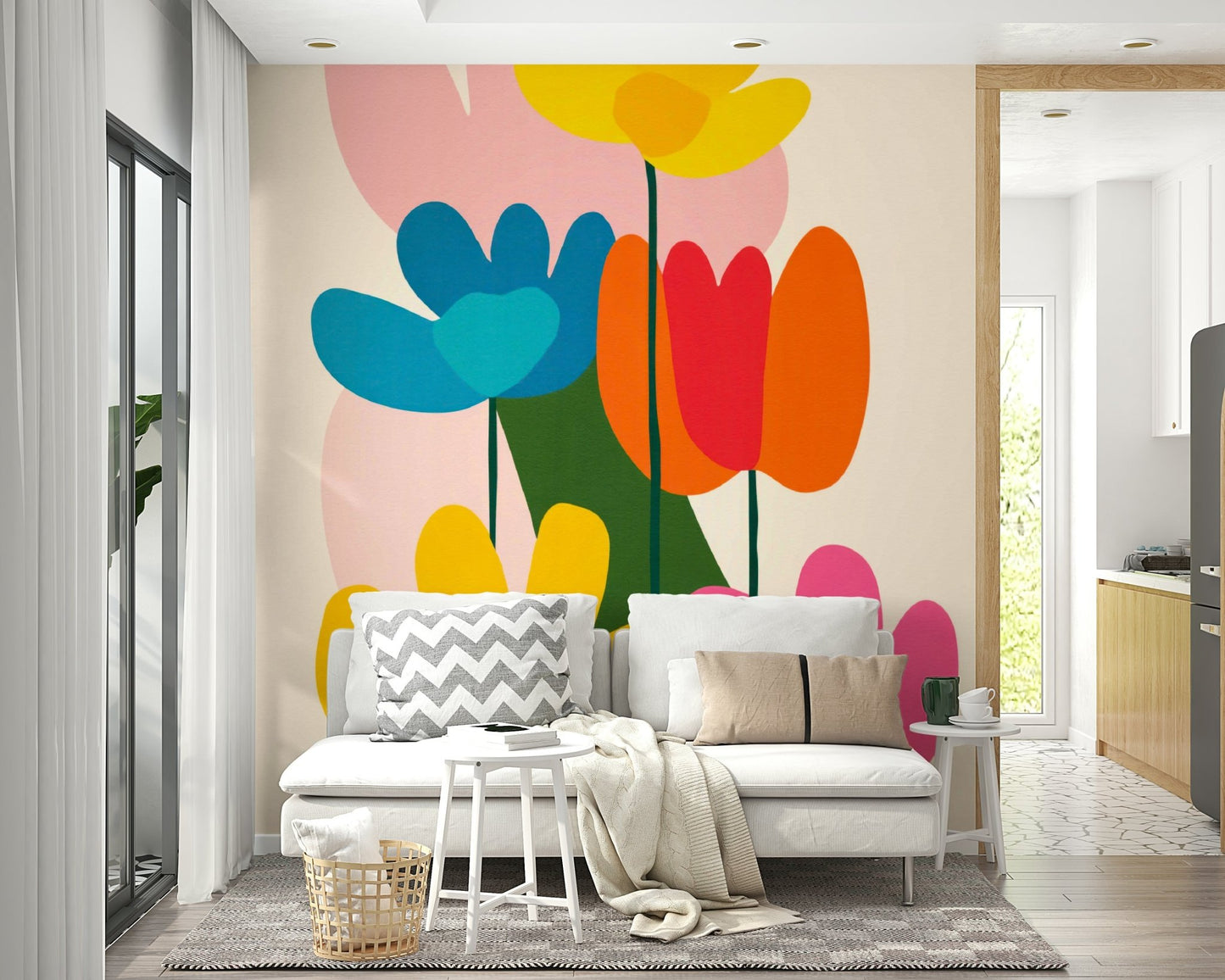 Stylized flowers on retro-inspired wall mural

