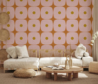 Mid Century Modern Geometric Squares with Dots Pink Mustard Terracotta Wallpaper⁠