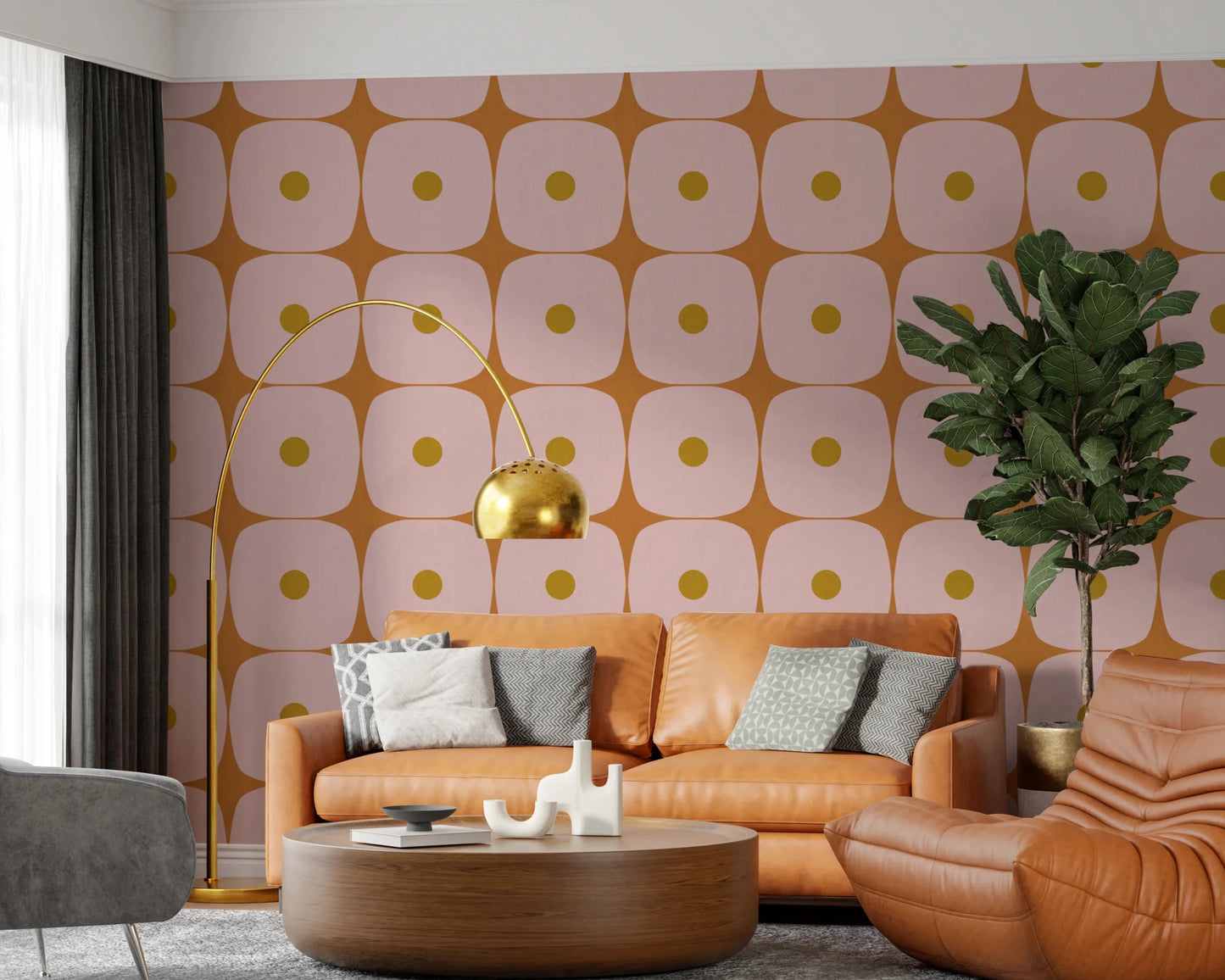 Mid Century Modern Geometric Squares with Dots Pink Mustard Terracotta Wallpaper⁠