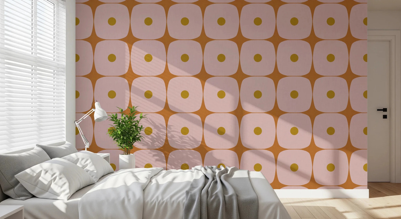 Mid Century Modern Geometric Squares with Dots Pink Mustard Terracotta Wallpaper⁠
