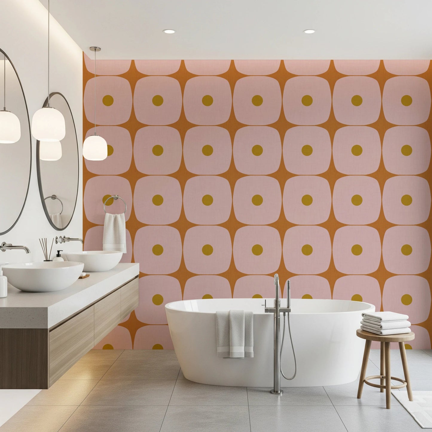 Mid Century Modern Geometric Squares with Dots Pink Mustard Terracotta Wallpaper⁠