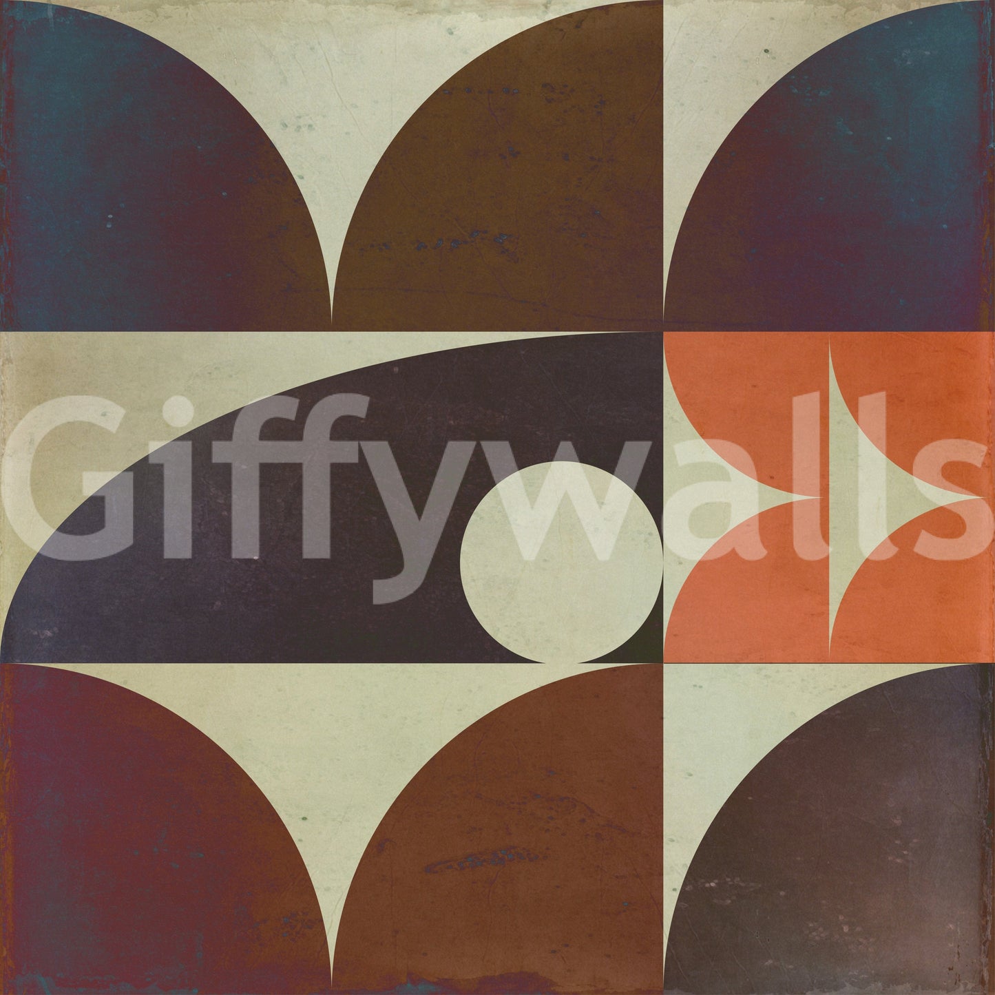 Abstract art mural wallpaper combining cream circles with dark Geometrica fall tones.