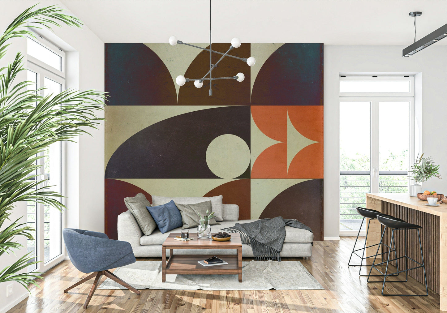 Bold geometric wallpaper displaying symmetrical orange shapes against dark blue background.