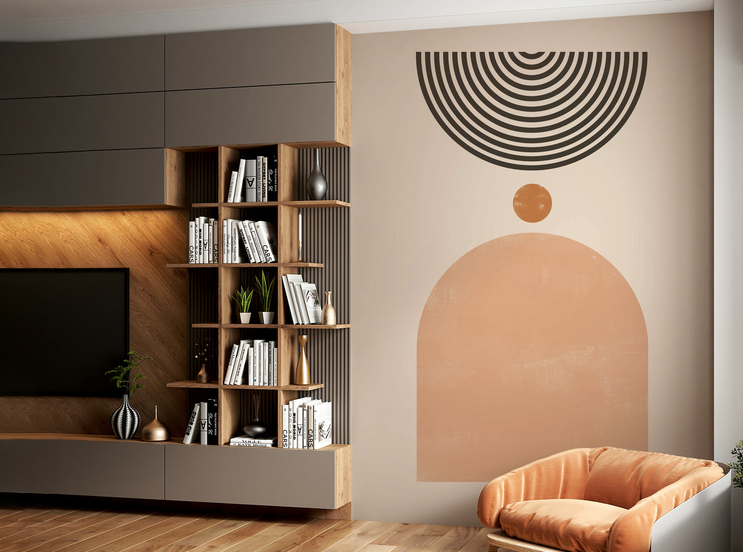 Vintage abstract mural with symmetrical patterns

