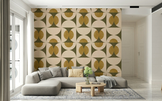 Textured geometric wallpaper with bold arc motifs and warm muted colors.
