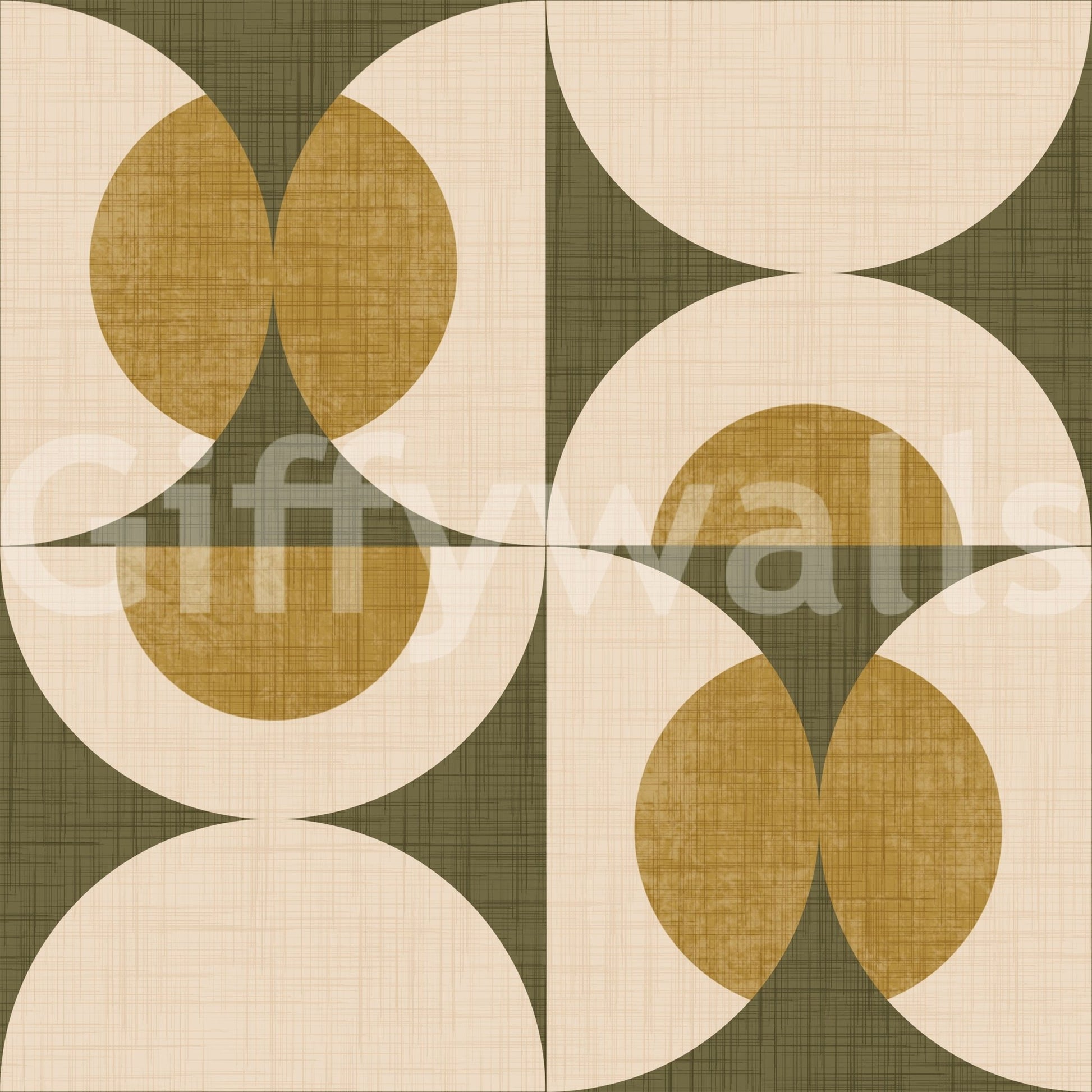 Patterned wallpaper featuring mid-century curves and circular shapes in earthy tones.