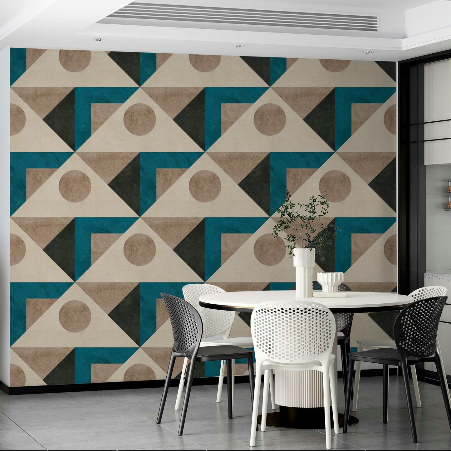 Mural wallpaper in deep teal and vintage forms

