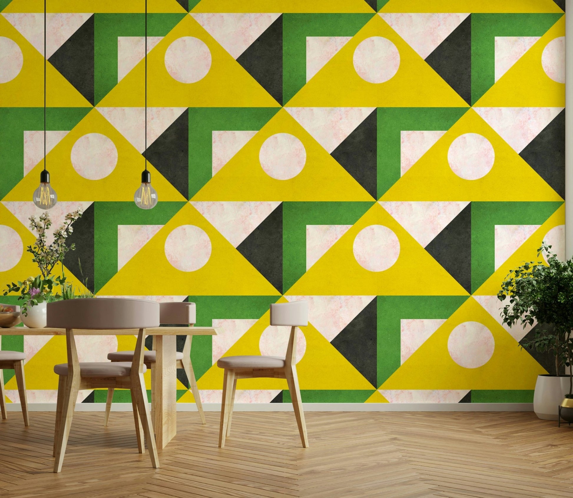 Sunny wall mural with vintage modern elements

