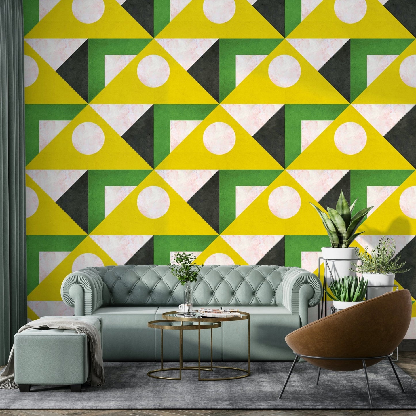 Decorative mural in mid-century yellow tones

