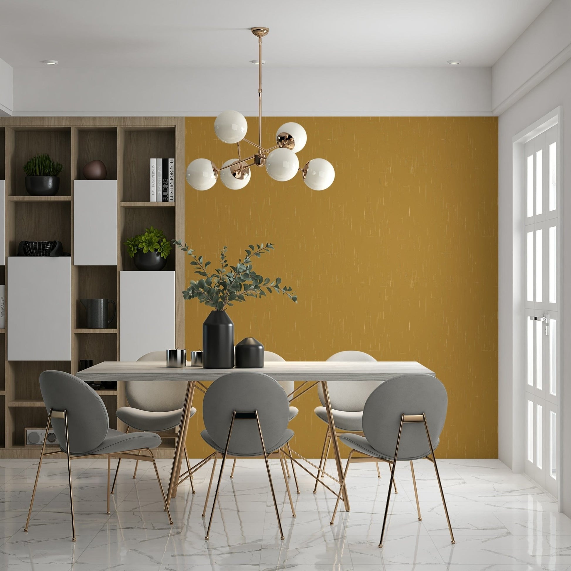 Mid-century wall mural print, gold and cream speckled appearance.