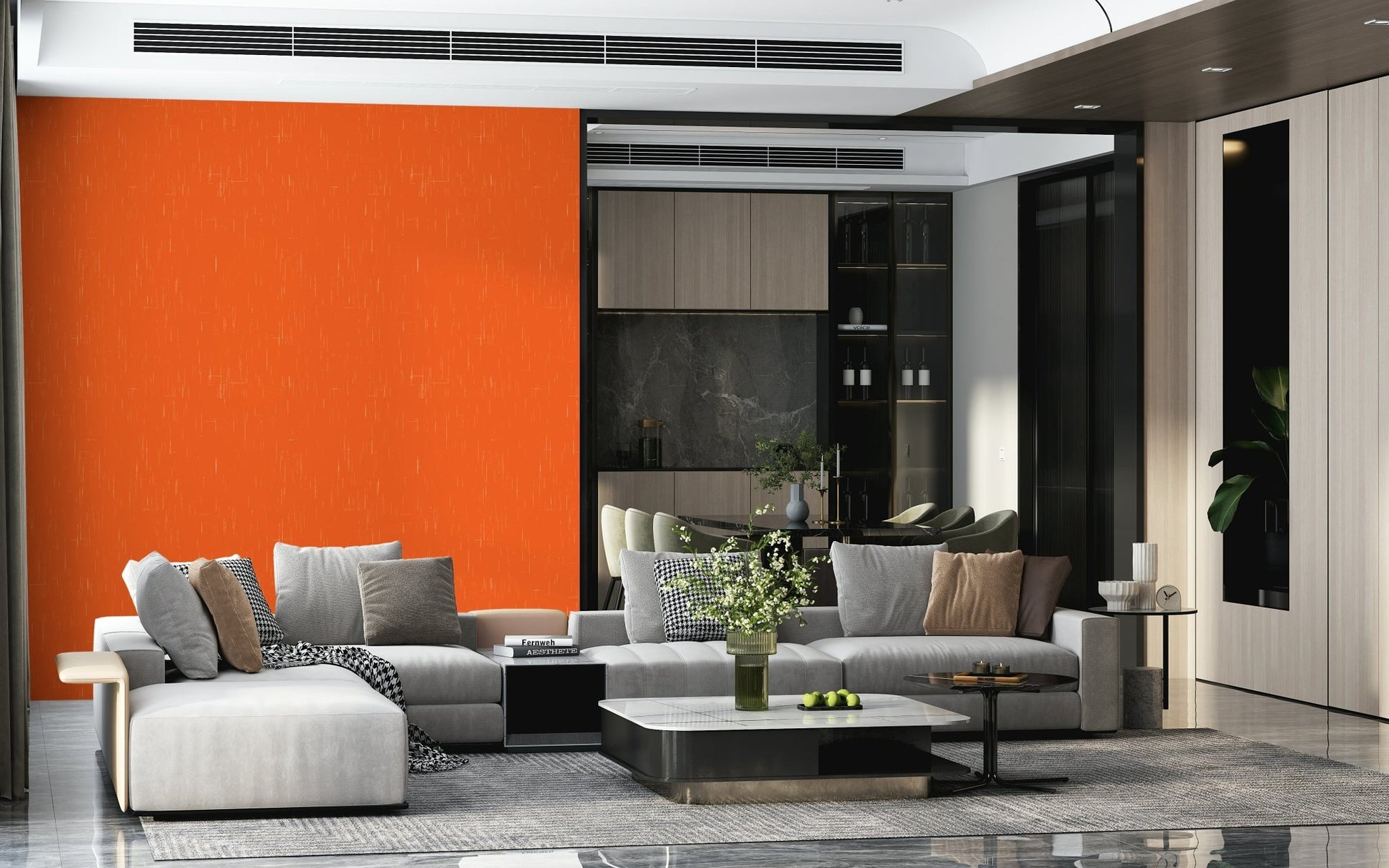Rich vermilion linen wall covering, detailed subtle scratch design.