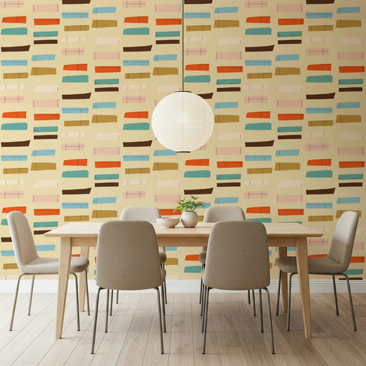 Mid Mod Stacked Blocks Beige wallpaper; abstract pattern in vintage hues.