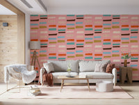 Geometric pattern with orange, blue, brown, beige blocks; unique wall covering.