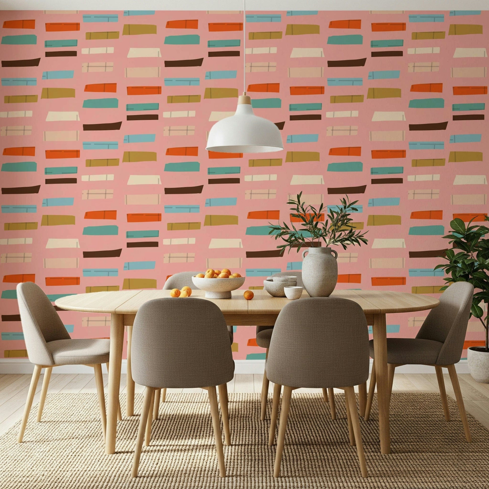 Mid Mod Stacked Blocks Pink wallpaper; abstract geometric shapes pattern.