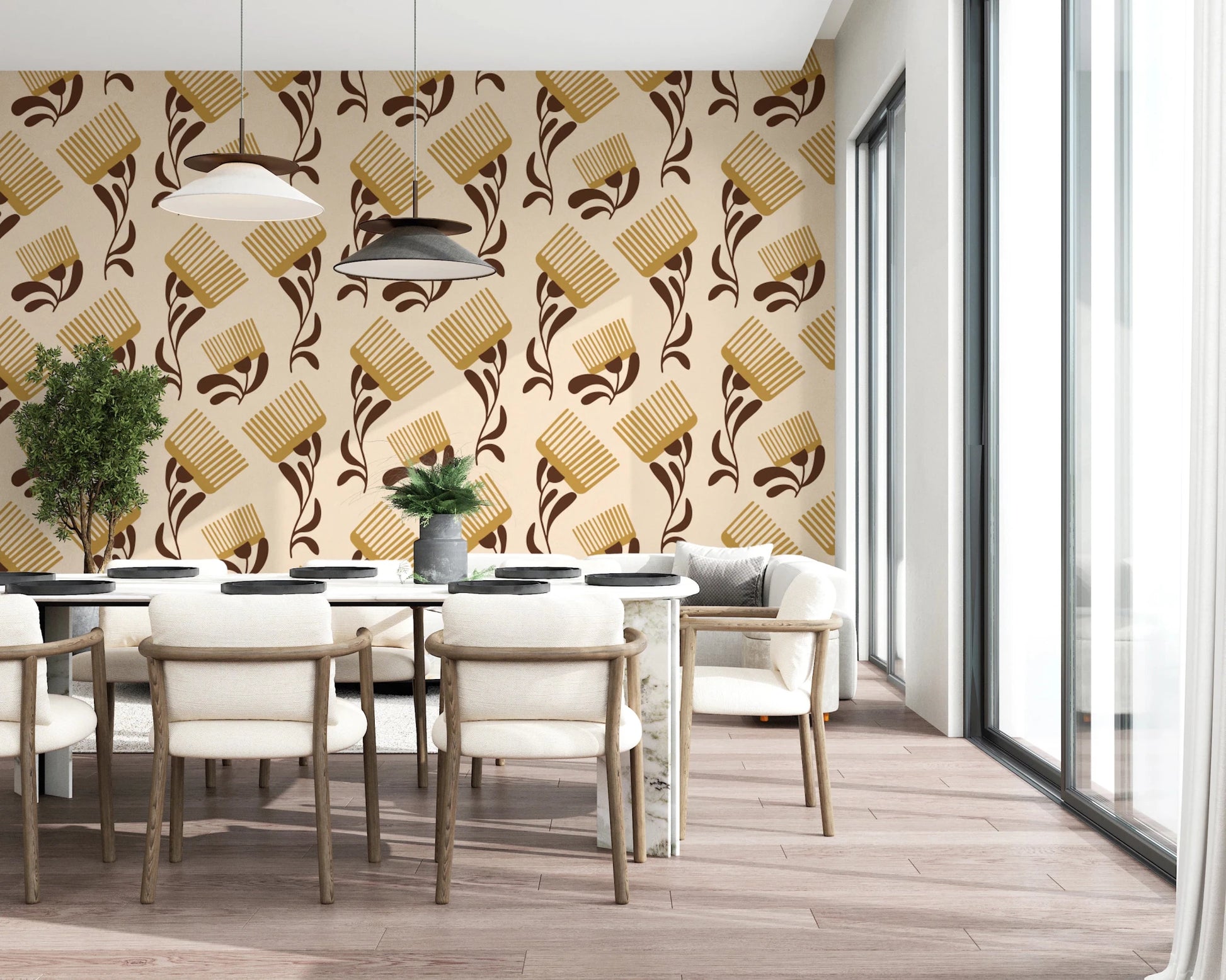 Mid Mod Wildflower Comb - Beige Chocolate Wallpaper⁠