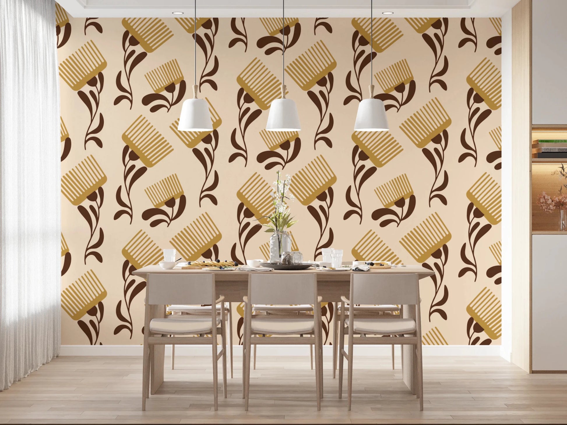 Mid Mod Wildflower Comb - Beige Chocolate Wallpaper⁠