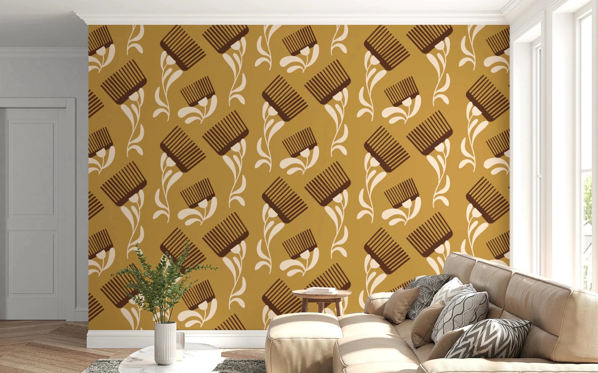 Mid Mod Wildflower Comb - Beige Ocher Wallpaper⁠