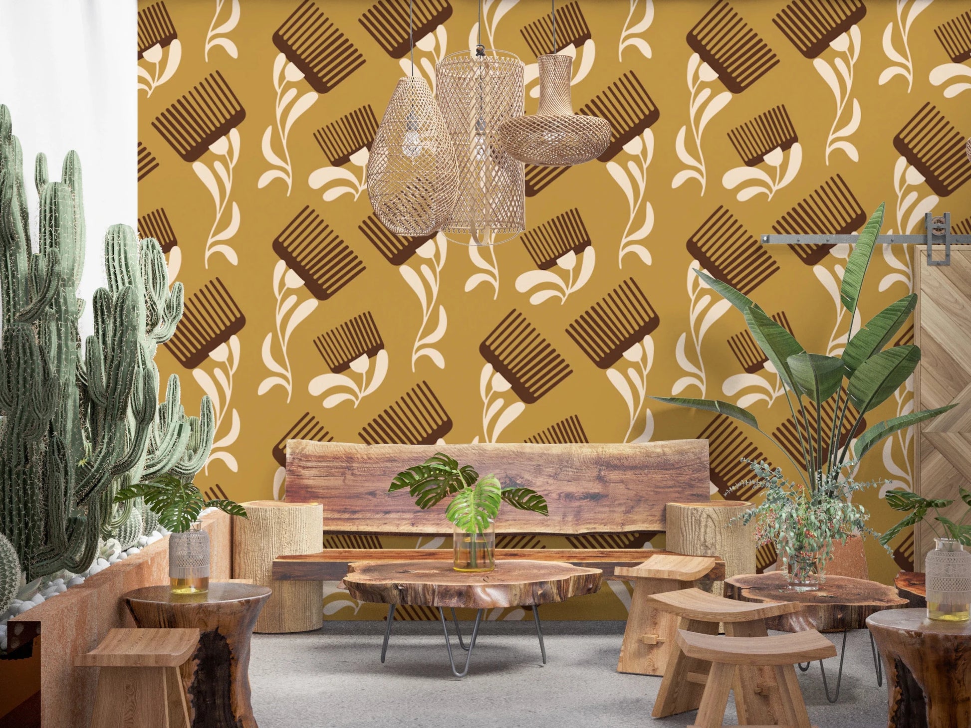 Mid Mod Wildflower Comb - Beige Ocher Wallpaper⁠