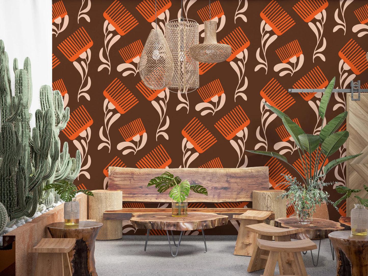 Mid Mod Wildflower Comb - Chocolate Terracotta Wallpaper⁠
