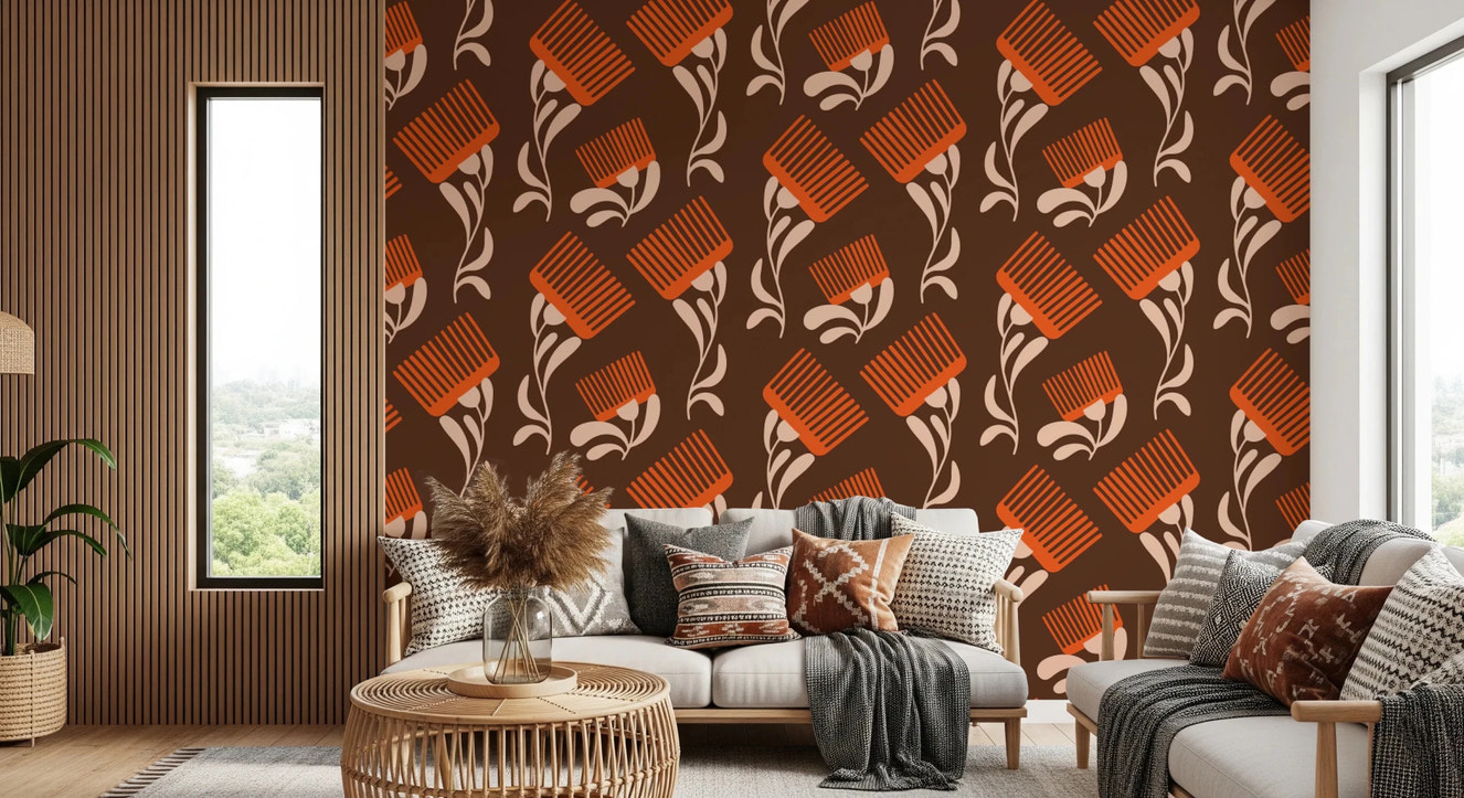 Mid Mod Wildflower Comb - Chocolate Terracotta Wallpaper⁠