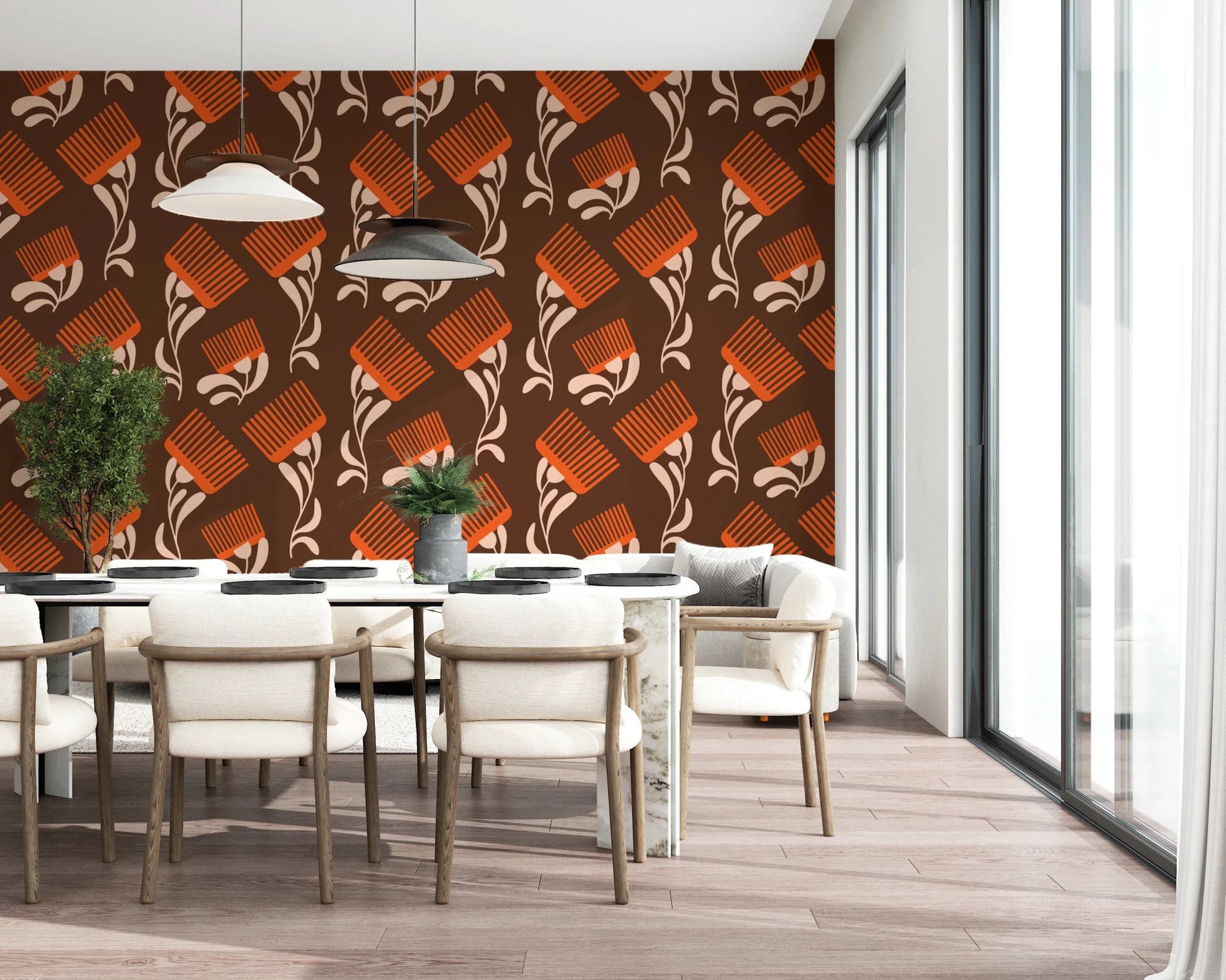 Mid Mod Wildflower Comb - Chocolate Terracotta Wallpaper⁠