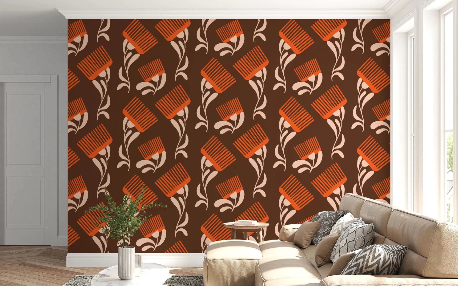Mid Mod Wildflower Comb - Chocolate Terracotta Wallpaper⁠