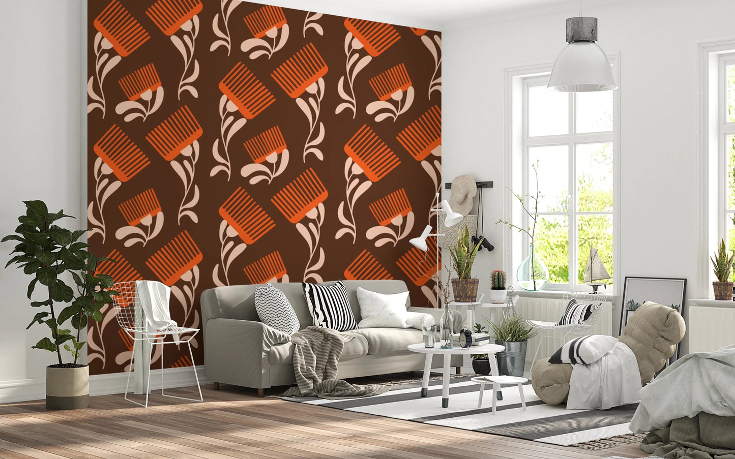 Mid Mod Wildflower Comb - Chocolate Terracotta Wallpaper⁠