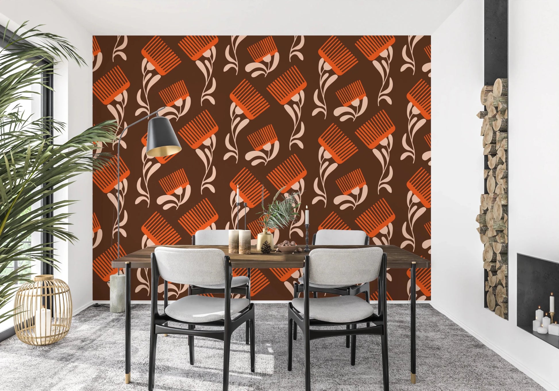 Mid Mod Wildflower Comb - Chocolate Terracotta Wallpaper⁠