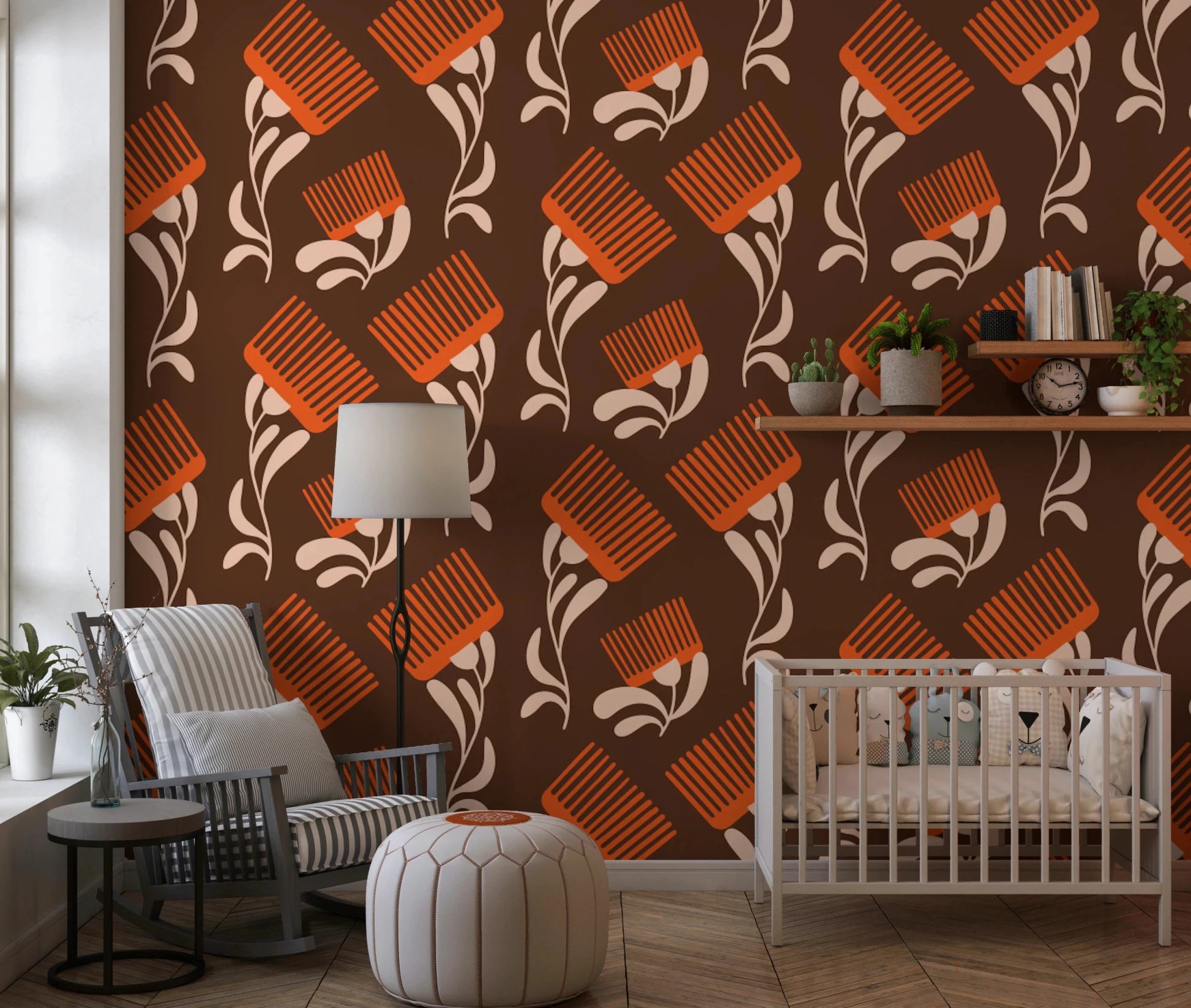 Mid Mod Wildflower Comb - Chocolate Terracotta Wallpaper⁠