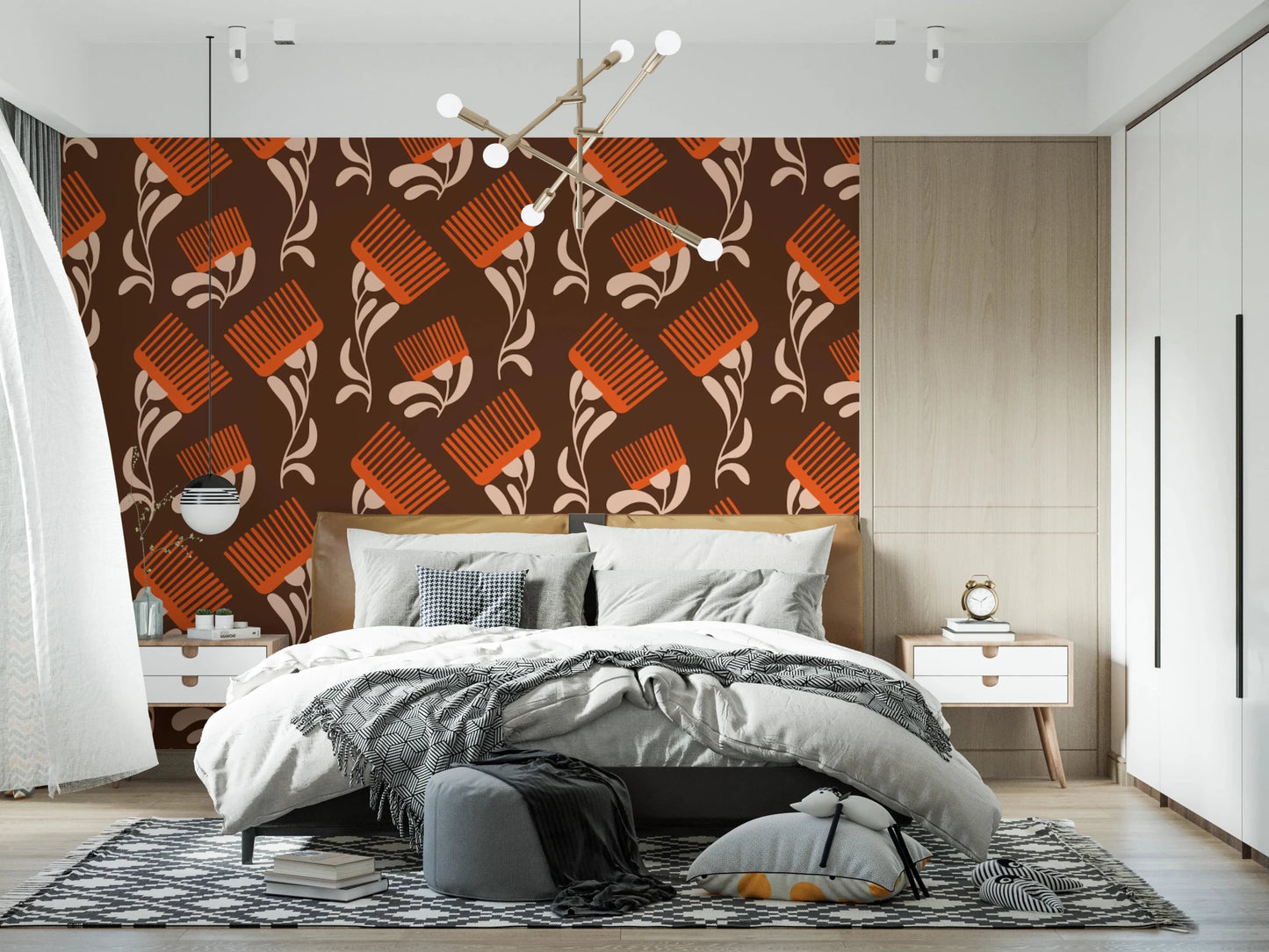 Mid Mod Wildflower Comb - Chocolate Terracotta Wallpaper⁠