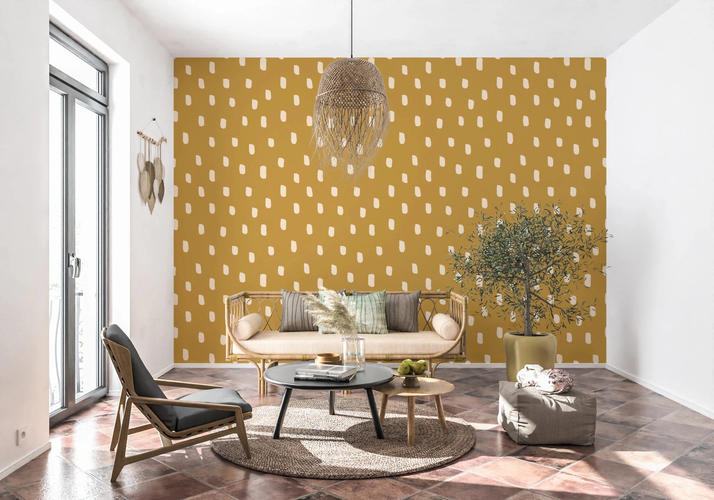 Mid Mod Wildflower Dots - Ocher Beige Wallpaper⁠