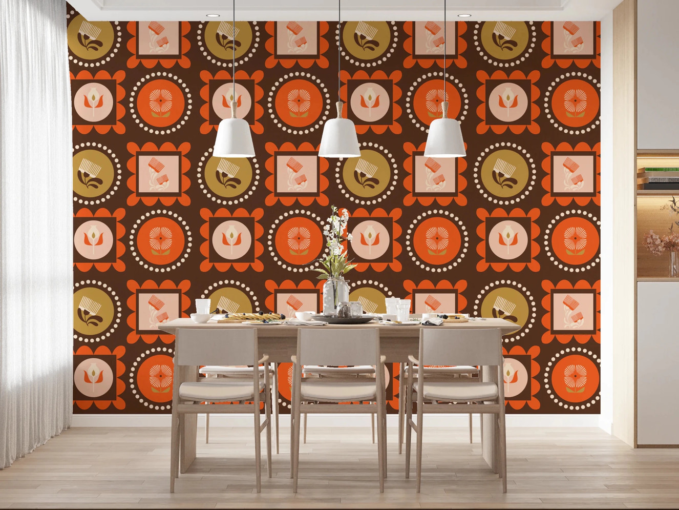 Mid Mod Wildflower Frames - Botanical Collage Chocolate Terracotta Wallpaper⁠