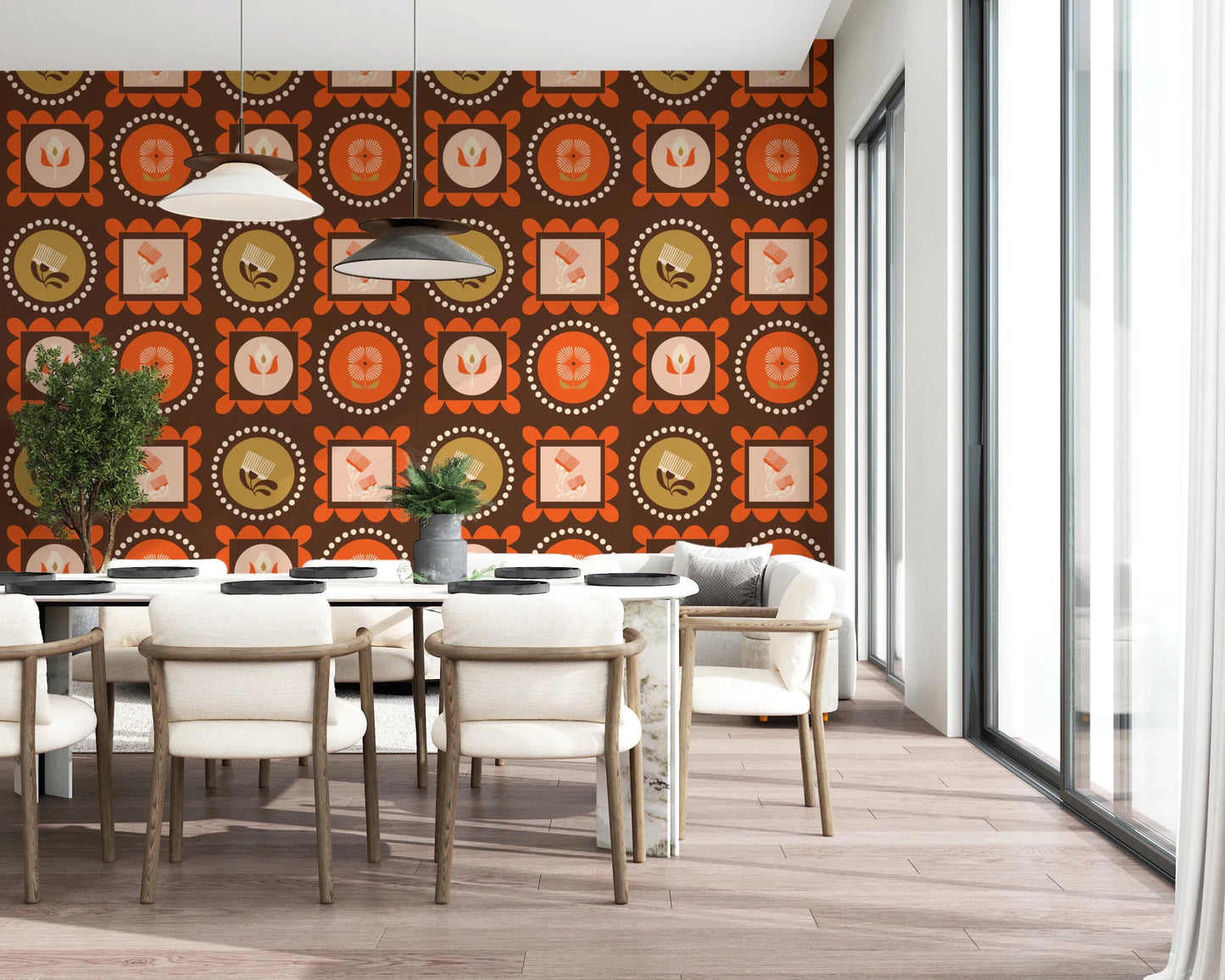 Mid Mod Wildflower Frames - Botanical Collage Chocolate Terracotta Wallpaper⁠