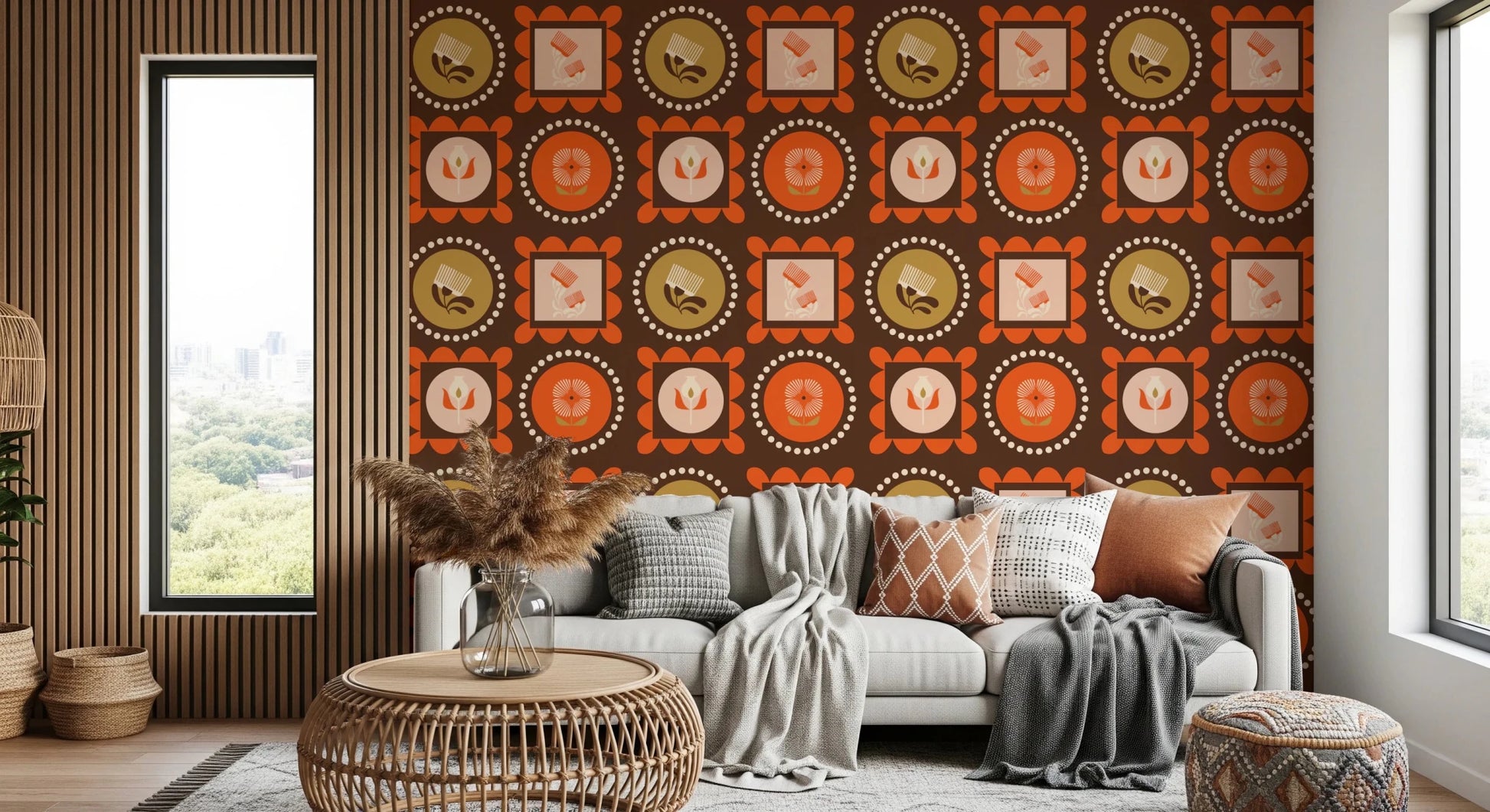 Mid Mod Wildflower Frames - Botanical Collage Chocolate Terracotta Wallpaper⁠