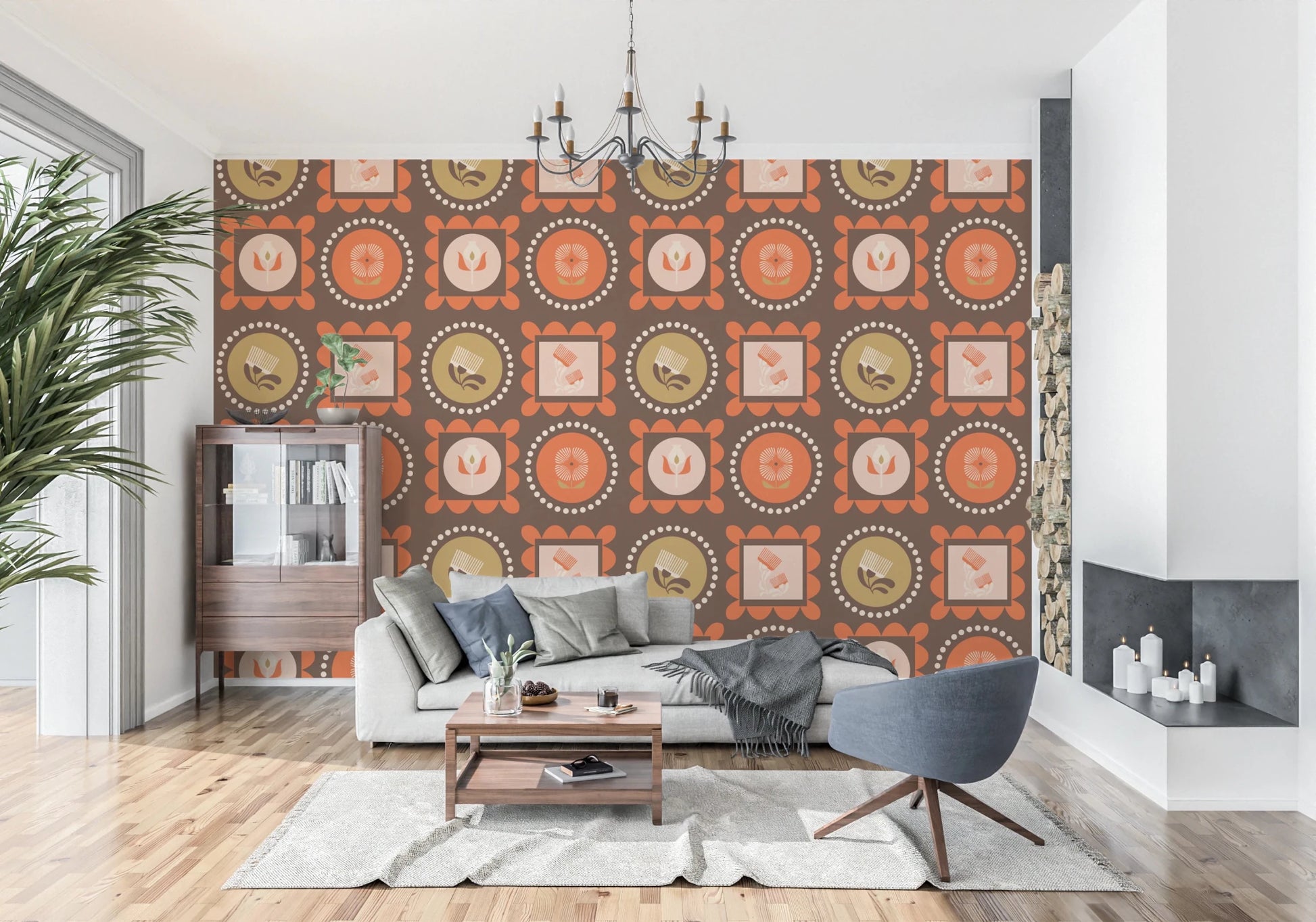 Mid Mod Wildflower Frames - Botanical Collage Chocolate Terracotta Wallpaper⁠