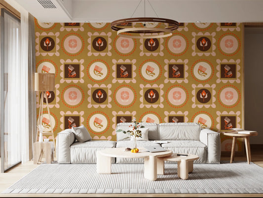 Mid Mod Wildflower Frames - Botanical Collage Cream Terracotta Wallpaper⁠