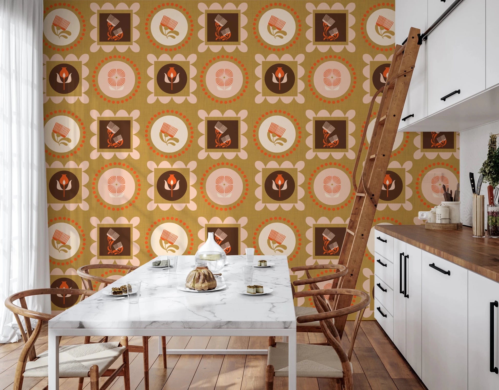 Mid Mod Wildflower Frames - Botanical Collage Cream Terracotta Wallpaper⁠