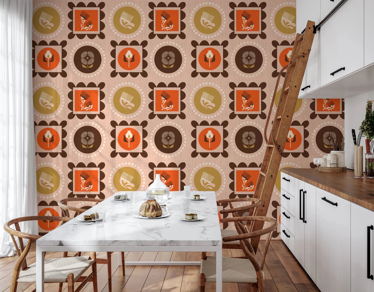 Mid Mod Wildflower Frames - Botanical Collage Ocher Terracotta Wallpaper⁠