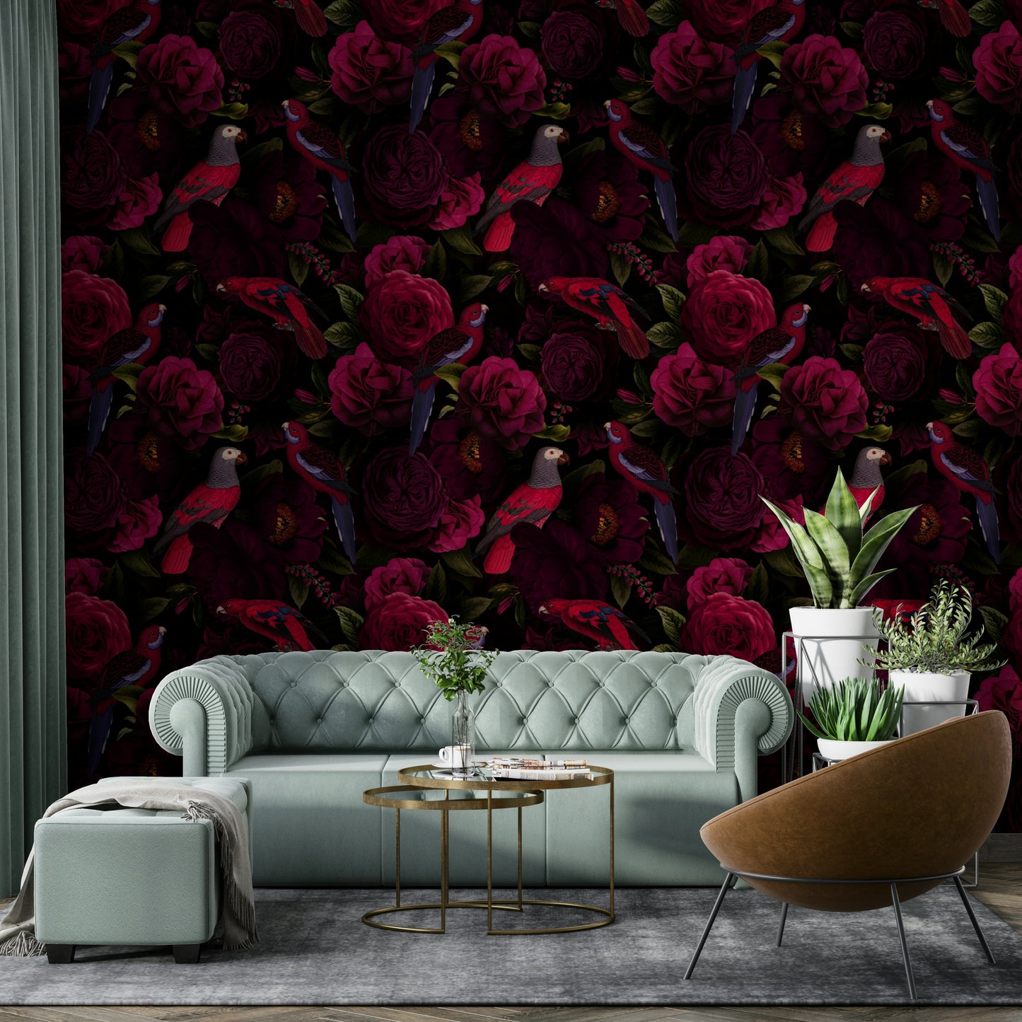 Dark floral wallpaper featuring midnight blue blooms on walls

