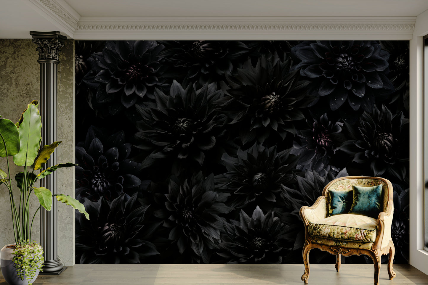 Hand-painted floral mural wallpaper

