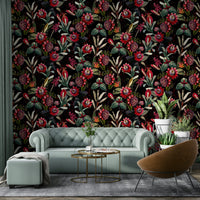 Bold floral design with deep blooms and contrasting dark tones.

