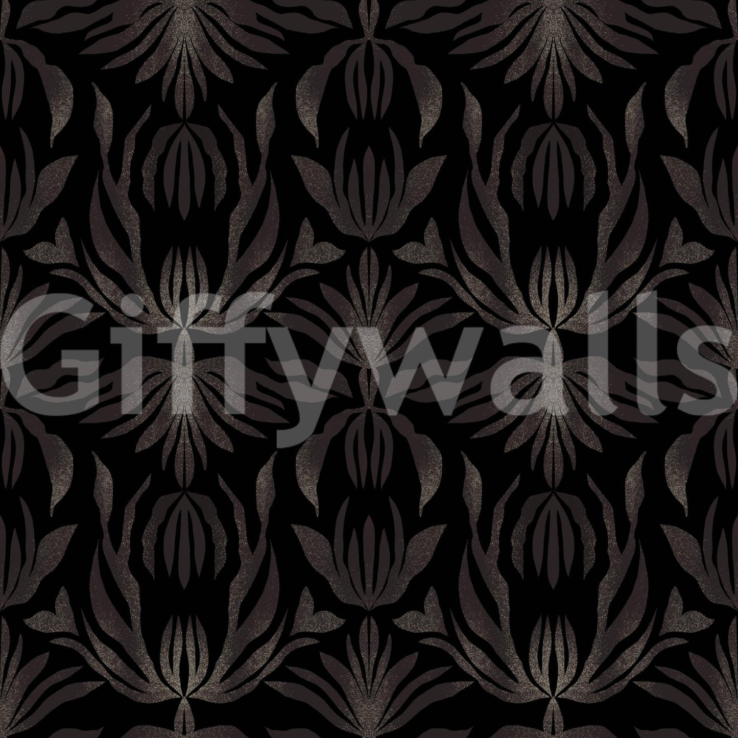 Midnight Bloom Damask art deco style abstract palm leaves Wallpaper⁠