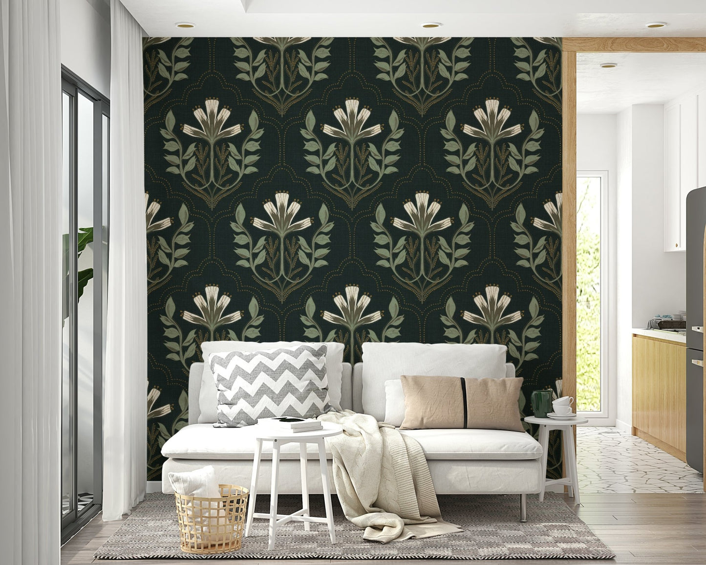 Floral design wallpaper in rich midnight hues for a dramatic look

