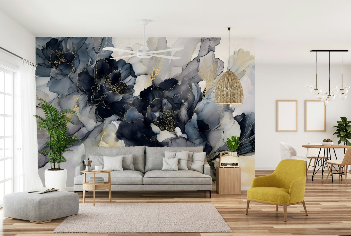 Midnight Blossom Ink Flowers Wall Mural

